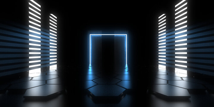 Fototapeta 3D abstract background with neon lights. neon tunnel  .space construction . .3d illustration