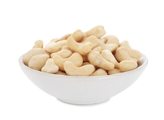 Bowl of tasty organic cashew nuts isolated on white