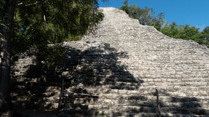 Staircase of the ancient mayan pyramid ruin of Nohoch Mul, an ancestral site of the mayan civilization located in the yucatan peninsula in the maya city of coba near tulum, along the mayan riviera.