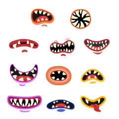 Terrible monster mouths and jaws. Scary lips teeth and tongue Halloween faces. Funny facial expression, emotions for Halloween cartoon vector illustration © Iryna