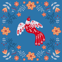 Vector frame with bird, flowers and leaves with different folk compositions. Motif in scandinavan style. Ethnic flat illustration with nordic detailed in trendy colors