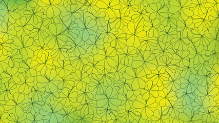 Blurry watercolor green line art background with clover leaves outlines