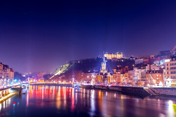 Obraz premium St. George Church and buildings around the River Saone, the old town of Lyon, France