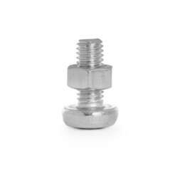 Small metal bolt with hex nut isolated on white