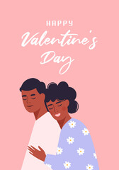 Happy valentine's day card. Flat vector illustration of happy couple.