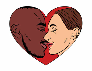 Color vector illustration in comic pop art style. A black man kisses a white woman. Valentine's day card in a heart-shaped frame. Interracial couple in love. Guy and girl in profile look at each other