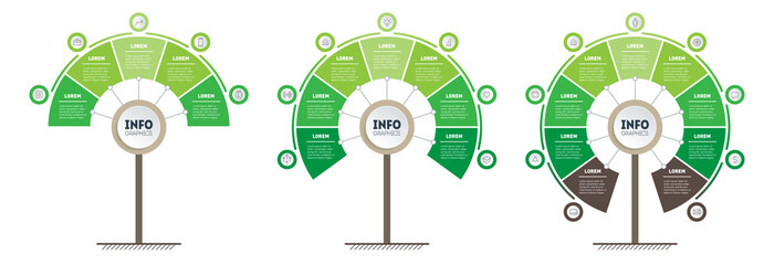 Set of agro business presentations with 5, 7 and  9 parts. Cycle of agricultural work. A chart or infographic divided by three options. Nature based production.