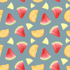 Watercolor watermelon, lemon and orange seamless pattern. Fruit sliced into wedges. Design for ice cream packaging, textiles, stationery. Pieces of tropical fruit