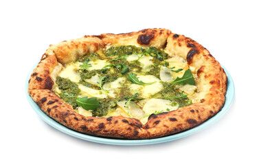 Delicious pizza with pesto, cheese and arugula on white background
