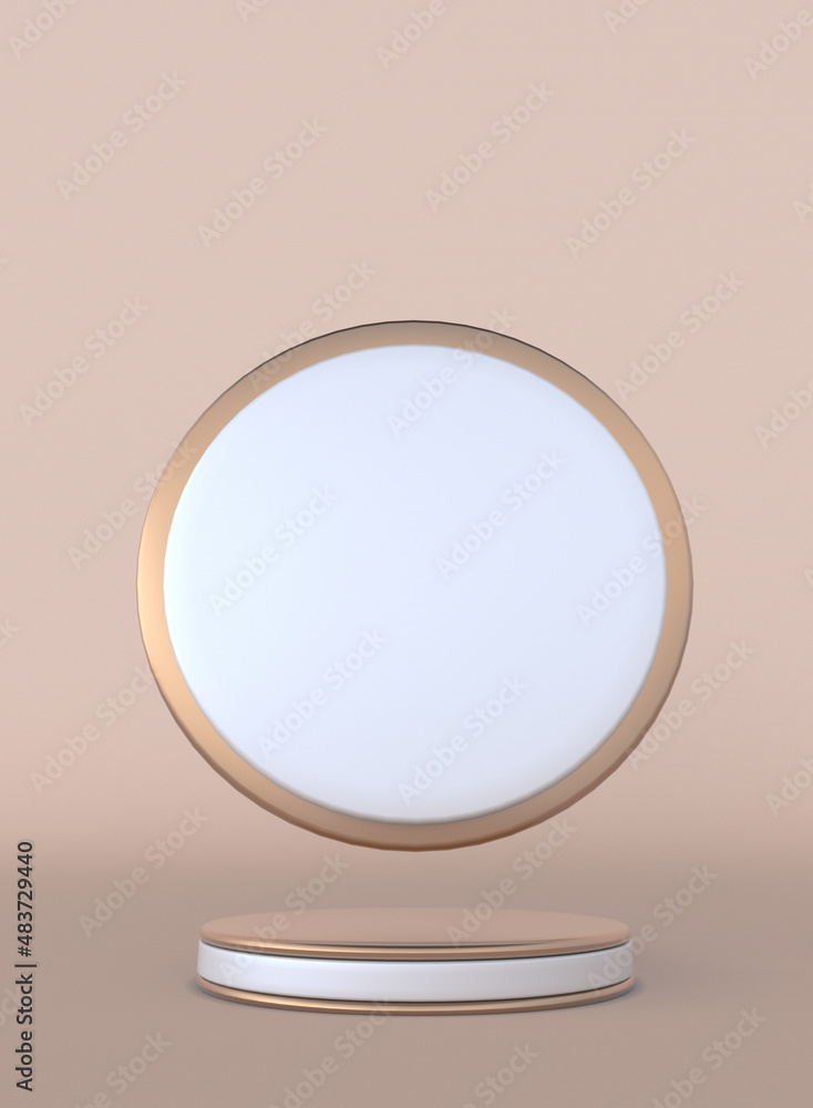 Poster minimal vertical golden scene with round podium and geometric shapes isolated on lighten background.