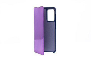 opened purple case-book for smartphone on a white background. the best protection of your gadget from damage. the case will cover your phone from all sides.
