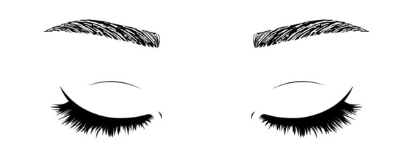 Hand drawn woman's sexy makeup look with perfectly shaped eyebrows and lashes. Vector illustration for business visit card, typograph, print. Perfect salon look. Woman with close eyes.