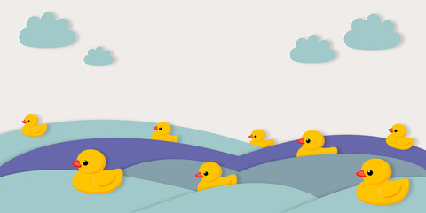 Fototapeta premium Holiday National Rubber Duck Day. Yellow cute ducklings have water races and cheer up in paper cut style. Water birds.
