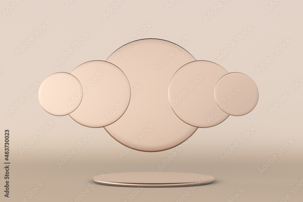 Poster minimal golden scene with round podium and geometric shapes isolated on lighten background. 3d rende