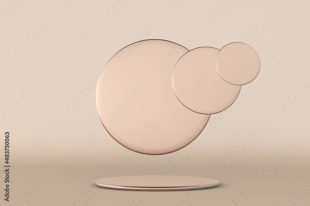 Poster minimal golden scene with round podium and geometric shapes isolated on lighten background. 3d rende