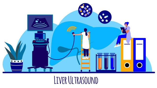 Doctor Is Examining A Liver And A Gallbladder With An Ultrasound Scanner. Cancer, Cirrhosis And Hepatitis Screening. Vector Flat Illustration, Tiny Person Concept. 