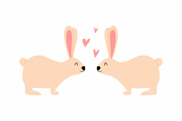 Postcard with two rabbits in love vector illustration. Easter card with Easter bunnies.