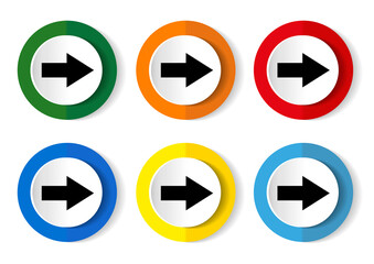 Right arrow icon set, next flat design vector illustration in 6 colors options for webdesign and mobile applications