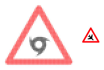 Airplane warning halftone dotted icon. Airplane warning vector icon mosaic is done with halftone array which contains circle pixels.