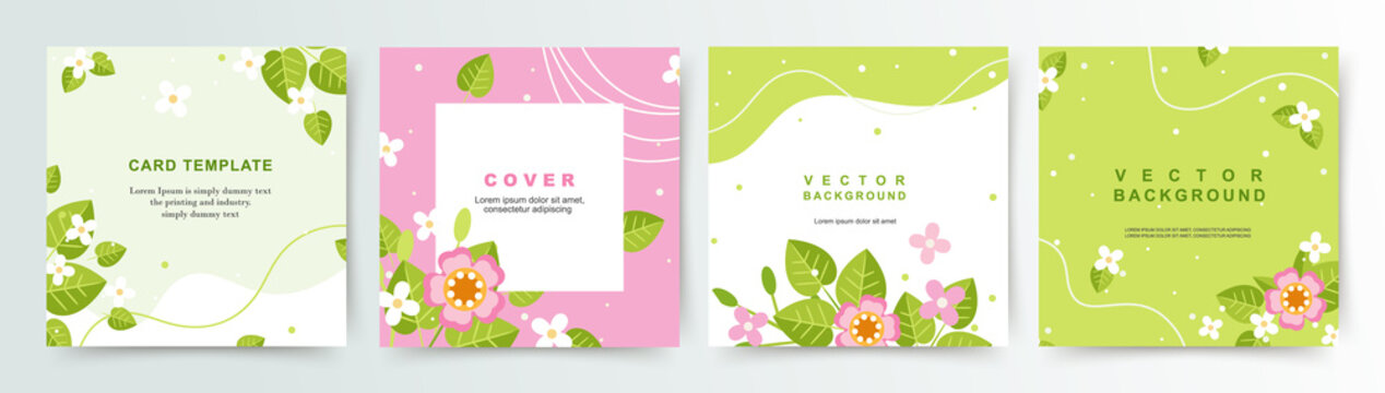 Floral square templates. Spring flowers and leaves. Flat style vector illustration for social media posts, mobile apps, cards, invitations, banner design and web advertisingand web, internet ads