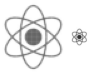 Atom halftone dotted vector. Atom vector icon mosaic is composed of halftone pattern which contains round points.