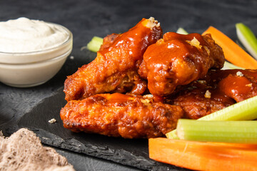 Appetizing buffalo chicken wings with vegetables. Selective focus. Close-up.