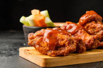 Buffalo wings classic close-up. On the background of chopped vegetables, celery and carrots.