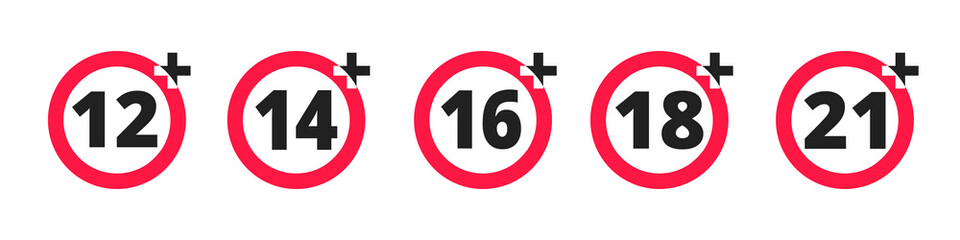 Adults content only age restriction 12, 14, 16, 18, 21 plus years old icon signs set flat style design vector illustration. Sensitive content age plus and adults only concept symbols.