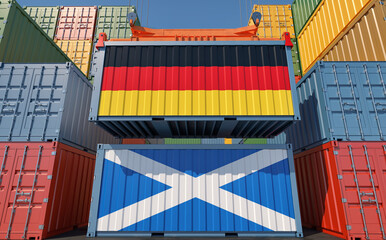 Freight containers with German and Scotland national flags. 3D Rendering 