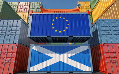 Freight containers with European Union and Scotland flags. 3D Rendering 