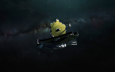 James Webb telescope explores deep space. JWST launch art. Elements of image provided by Nasa - 483733601