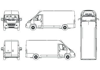 Vector outline van, lorry. Empty van template for advertising, for coloring. Freight transportation, delivery of goods, goods, products. Modern flat vector illustration isolated.