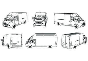 Vector outline van, lorry. Empty van template for advertising, for coloring. Freight transportation, delivery of goods, goods, products. Modern flat vector illustration isolated.