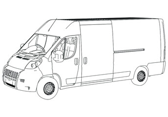Vector outline van, lorry. Empty van template for advertising, for coloring. Freight transportation, delivery of goods, goods, products. Modern flat vector illustration isolated.