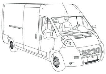 Vector outline van, lorry. Empty van template for advertising, for coloring. Freight transportation, delivery of goods, goods, products. Modern flat vector illustration isolated.