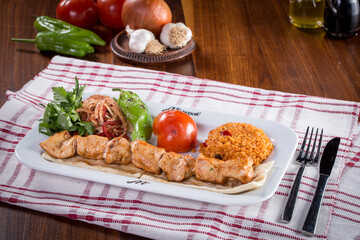traditional chicken skewer with bulgur pilaf tavuk sis kebab