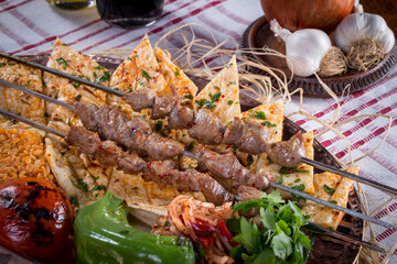 traditional lamb skewer with bulgur pilaf