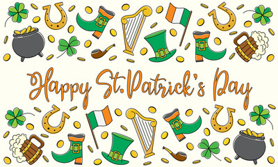 Bright line art illustration of St Patricks day symbols. Background with irish icons
