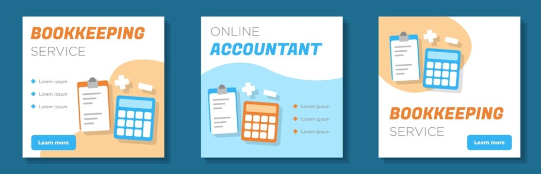 Online bookkeeping social media post, banner set, modern accountant advertisement concept, revenue calculator service business marketing square ad, abstract print, isolated on background