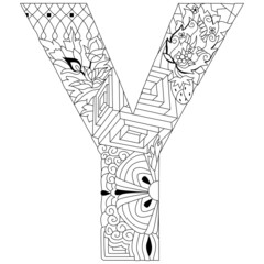 Letter Y monogram for coloring, engraving design. Vector illustration.