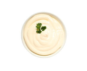 Bowl of tasty mayonnaise with parsley isolated on white, top view