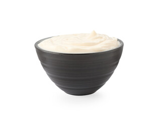 Bowl with tasty mayonnaise isolated on white