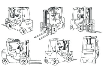 Forklift outline vector illustration. Hydraulic machinery image. Industrial isolated loader. Diesel vehicle drawing.