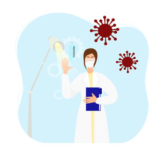 female doctor in a medical uniform holding a syringe with a vaccine against the virus and infection in her hand. Vector flat illustration.