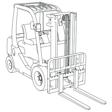 Forklift outline vector illustration. Hydraulic machinery image. Industrial isolated loader. Diesel vehicle drawing.