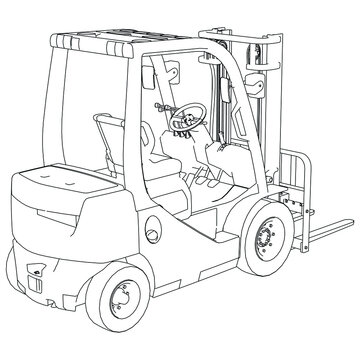 Forklift outline vector illustration. Hydraulic machinery image. Industrial isolated loader. Diesel vehicle drawing.
