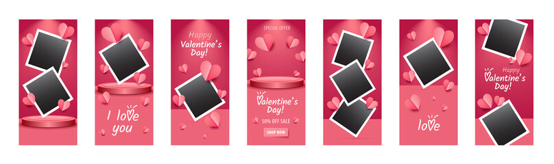Happy Valentine's day vector banner set. Red, pink hearts background. Vintage photo frames. Valentines day greeting cards. Insta story banners. Phone stories, wallpapers design template. I love you! 