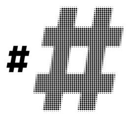Hashtag halftone dotted icon. Hashtag vector icon mosaic is organized of halftone pattern which contains circle pixels.
