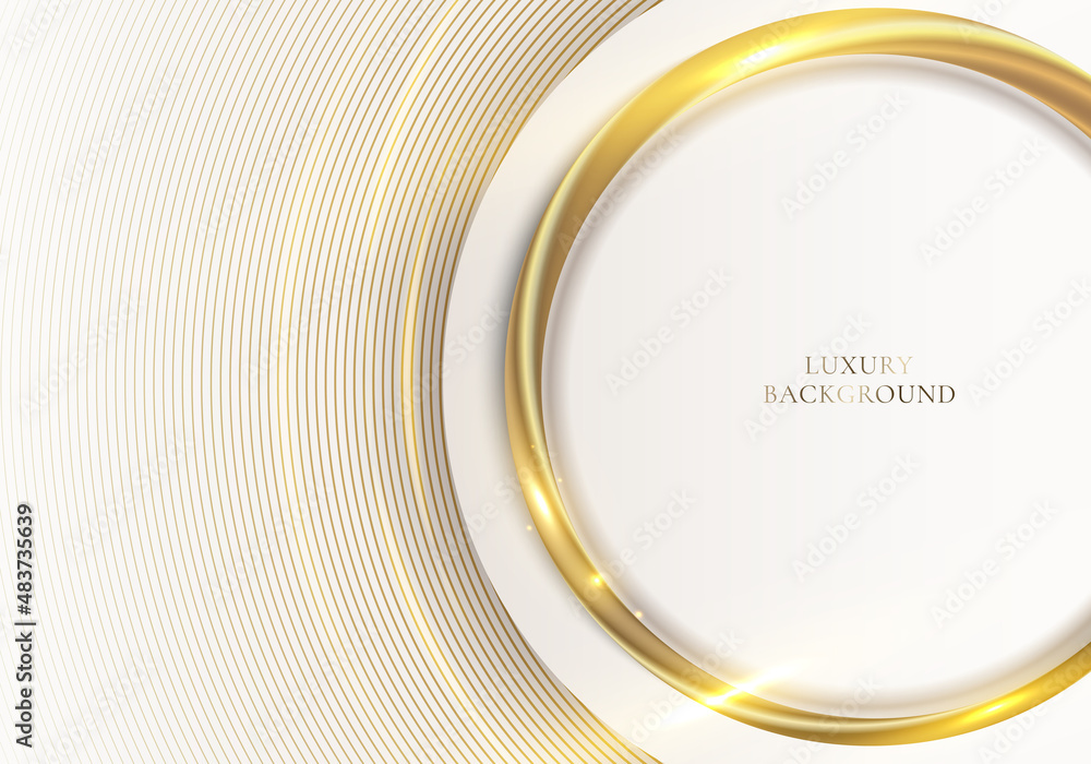Poster abstract elegant white circle with 3d golden lines ring rounded and light sparking on clean backgrou