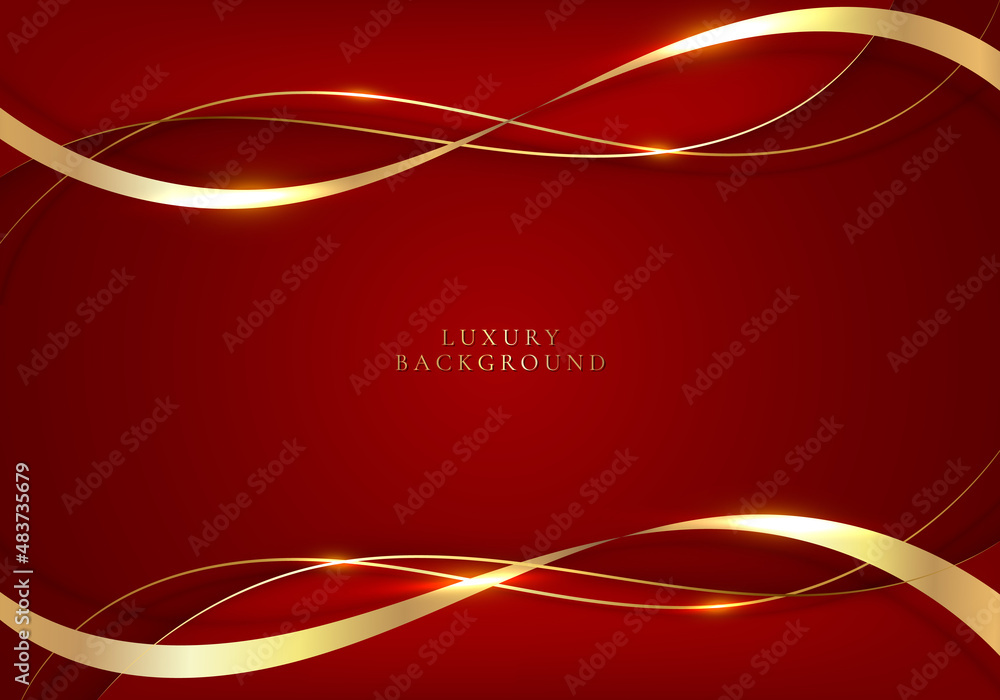Poster elegant 3d abstract golden ribbon and wave lines on red background